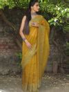 Banarasee Handwoven Organza Silk Floral Embroidered Saree-Olive Green