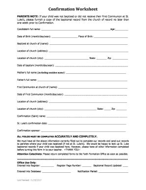 Fillable Online Confirmation Worksheet - St. Luke's Catholic Church Fax ...