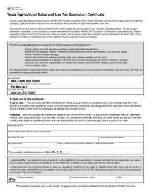 Texas Agricultural Sales And Use Tax Exemption Certificate Bformb For ...