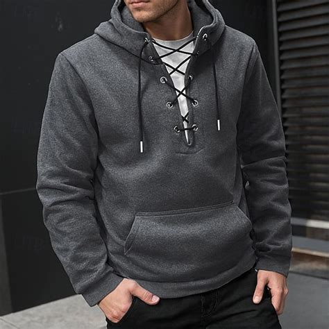 Men's Hoodie Black Navy Blue Dark Gray Hooded Plain Drawstring Pocket ...