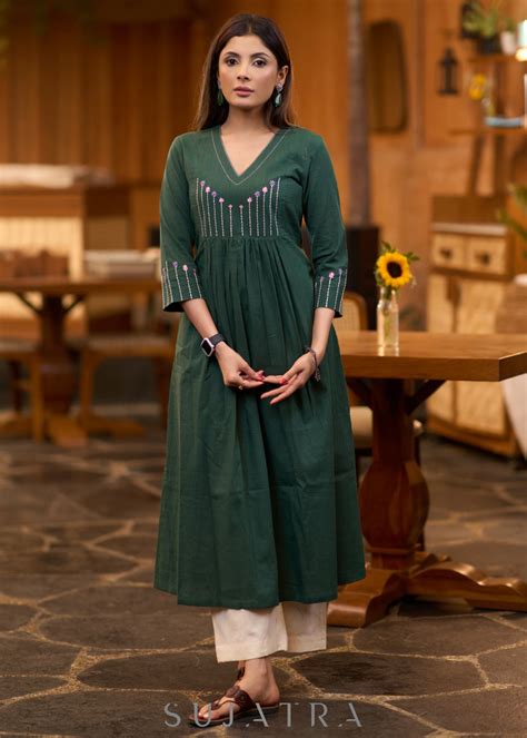 Classy forest green cotton pleated kurta with embroidered yoke - Pant ...