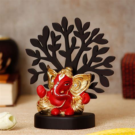 Gold Plated Red Kaan Ganesha Decorative Showpiece with Wooden Tree for ...