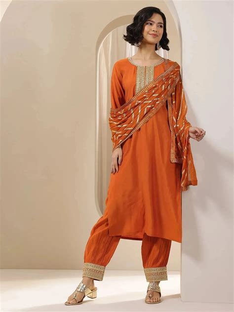 Buy Rust Embroidered Silk Blend Straight Suit Set With Dupatta Online ...