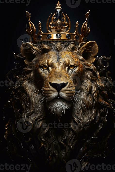 Lion king with golden crown on black background. Fantasy illustration ...