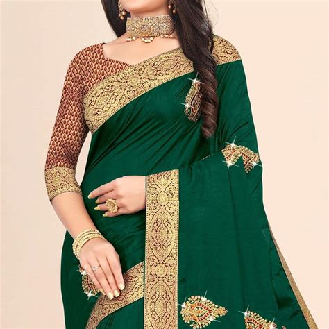 Green Embellished With Embroidered Vichitra Silk Saree