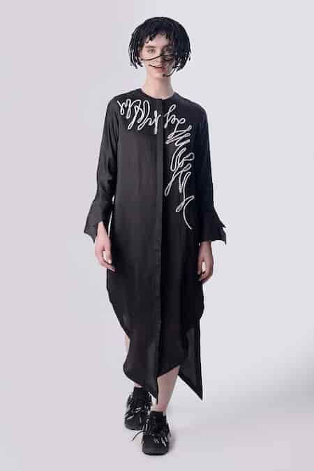 Buy Black Linen Satin Embellished Cord Round 3d Assymetric Shirt Dress ...