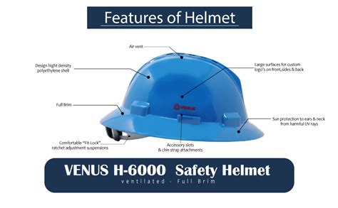 VENUS H-6000 Vent Series ANSI Certified Safety Helmet, Easy fit Ratchet ...
