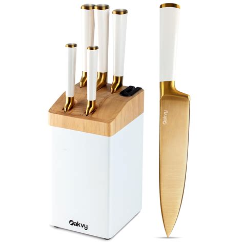 Amazon.com: Gold Kitchen Knife Set with Block and Sharpener - Stainless ...