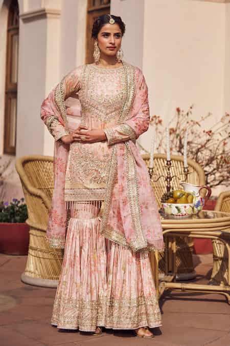 Buy Pink Silk, Linen Sequins, Stones, Zari, Embroidery Floral Kurta ...