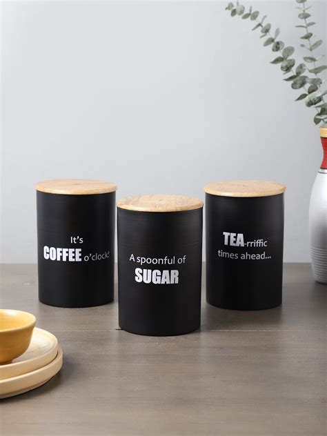 VarEesha Ardura Black Metal Tea Sugar Coffee Containers with Wooden ...