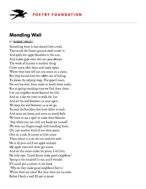 Mending Wall by Robert Frost Poetry Foundation - Mending Wall BY ROBERT ...