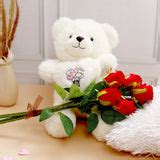 Five Roses Bunch With Romantic Heart Plush Teddy Bear - White