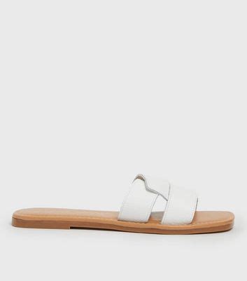 White Leather Cross Strap Open Toe Sliders | New Look