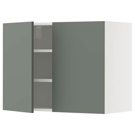 METOD wall cabinet with shelves/2 doors, white/Nickebo matt grey-green ...