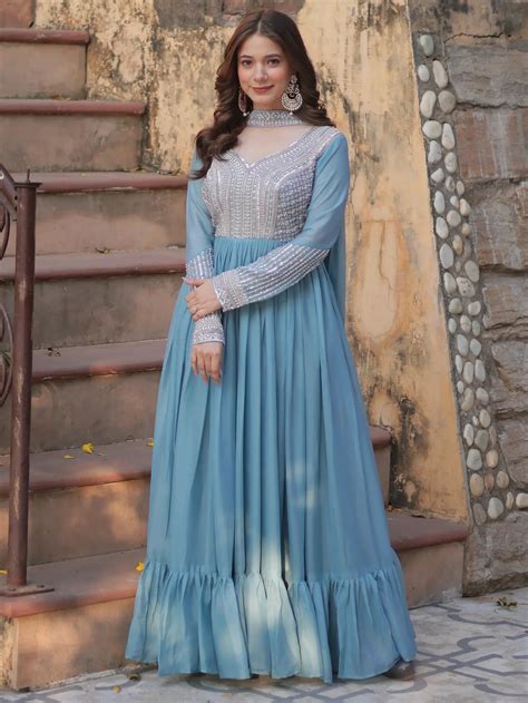Attractive Sky Blue Beads Work Georgette Traditional Gown With Dupatta ...