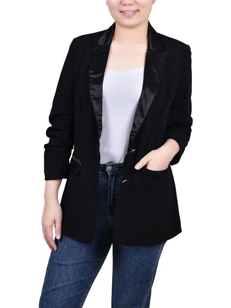 NY Collection Womens Petites Satin Trim Trendy Two-Button Blazer ...