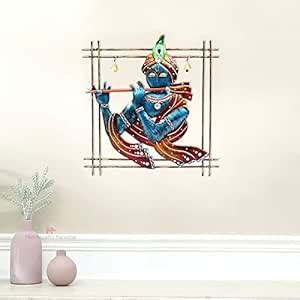 Handicrafts Paradise Iron Wall Art Blue Krishna playing Flute 12 x 12. ...
