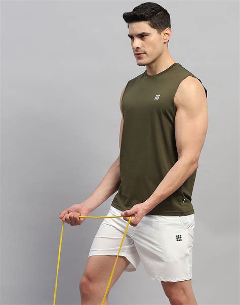 Buy Men Olive Solid Round Neck Sleeveless T-Shirt Online in India ...