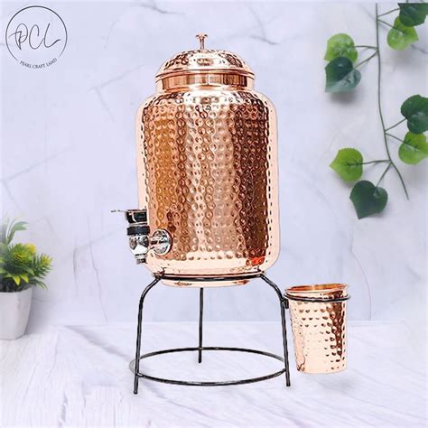 Pure Copper Hammered Water Dispenser with Glass and Stand (Matka) Comb ...