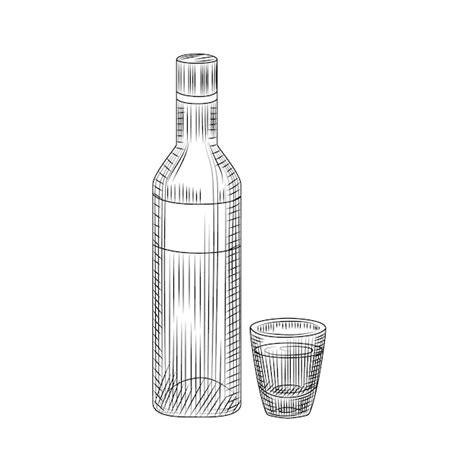 Eine flasche wodka und ein volles getränk. hand gezeichnete ...
