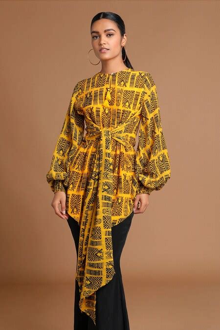 Buy Masaba Yellow Rapier Cotton Printed Asymmetric Tunic Online | Aza ...