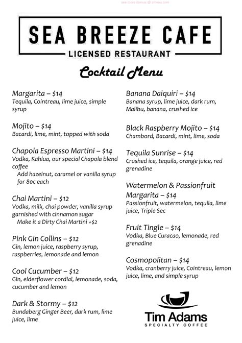 Menu at Sea Breeze Cafe Hervey Bay, Scarness