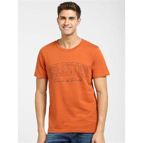 Buy SELECTED HOMME Orange Logo Print Crew Neck T-shirt Online