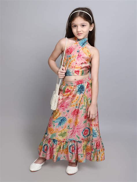 floral printed halter neck ethnic crop top and matching tier skirt set ...