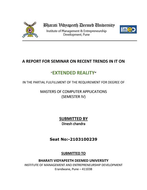 Research paper on extended reality 1111111 - A REPORT FOR SEMINAR ON ...