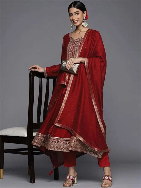 Buy Maroon Yoke Design Silk Blend Anarkali Suit With Dupatta Online at ...