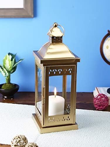Buy HOSLEY Classic Style Glass Iron Lantern with One Pillar Candle|Gold ...