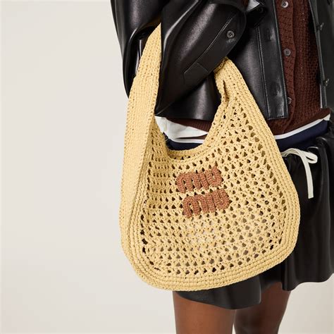 Beige/cognac Raffia-effect Woven Hobo Bag | Miu Miu