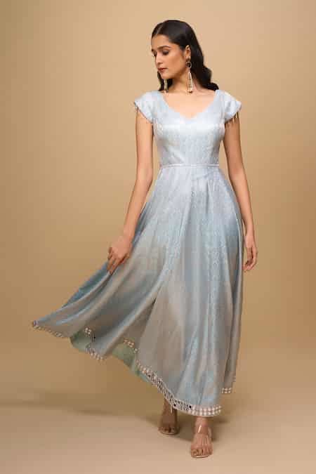 Buy Blue Brocade Mirrors V-neck Ice-blue Anarkali Dress For Women by ...