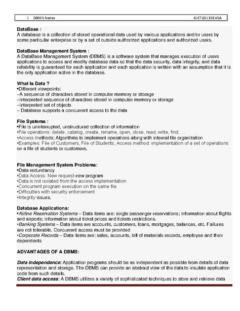 DBMS Notes Overview and Key Concepts - GIET2013EC4SA - Studocu
