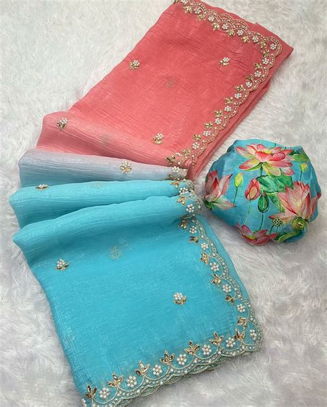 Designer Chiffon Embroidered Shaded Saree with Red Blue Floral Printed ...