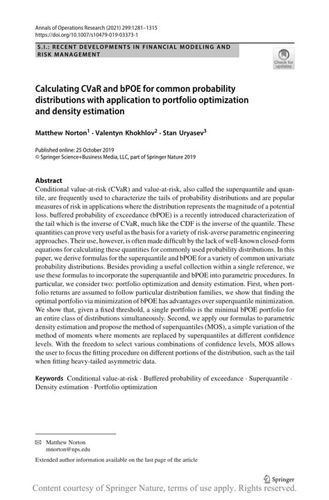 Calculating CVaR and bPOE for common probability distributions with application to portfolio optimization and density estimation | Annals of Operations Research | Springer Nature Link