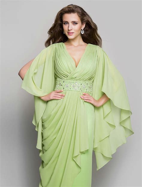 Elegant Dress Wedding Guest Floor Length Long Sleeve V Neck Chiffon V ...