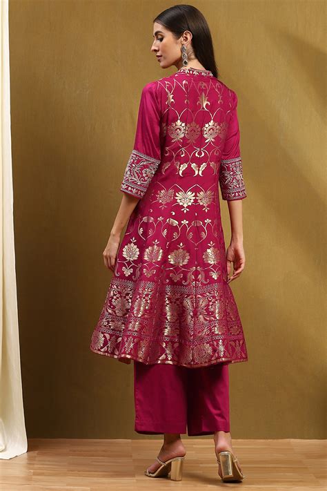Berry Pink Yarn Dyed Kalidar Suit Set at Biba India