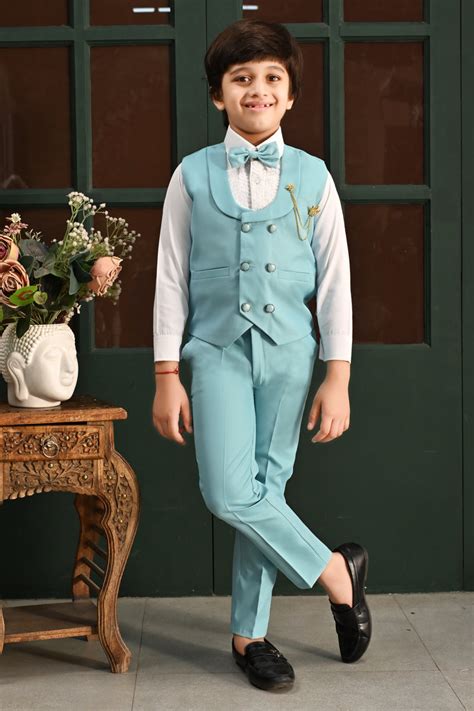 Boys Kids Cotton Blend Solid 3 Piece Party Suit with Bow Tie - Sky Blu ...