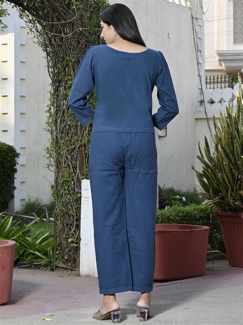 Womens Solid Teal Blue Cotton Top-Pyjama Co-Ords Set – QuaClo