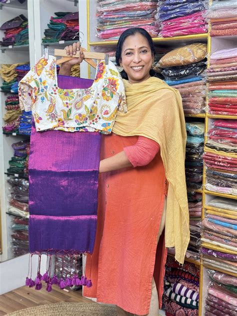 Purple Plain Khadi Tissue Saree with Stitched Blouse – Manya Clothing