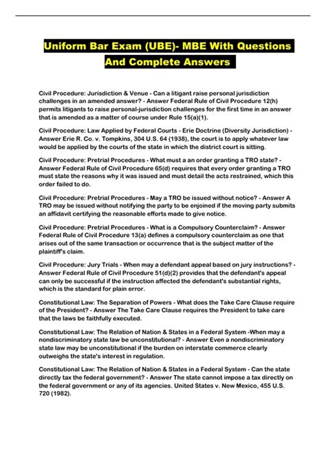 Uniform Bar Exam (UBE)- MBE With Questions And Complete Answers - Uniform Bar - Stuvia US