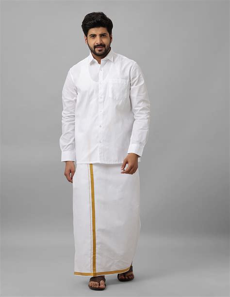 Men 100% Cotton Wedding Set White Shirt & Readymade Dhoti with Gold Ja ...