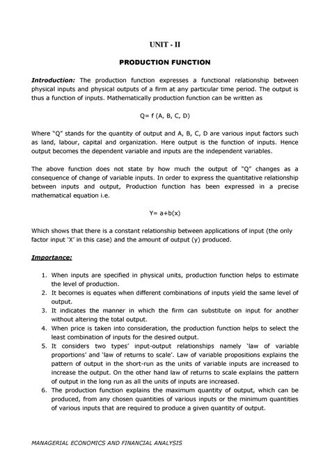 Unit2 - Theory of production. - UNIT - II PRODUCTION FUNCTION ...