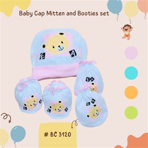 BC 3120 100% Cotton Cap Mitten Booties set หมวกถุงมือถุงเท้าปักพิมพ์ ...