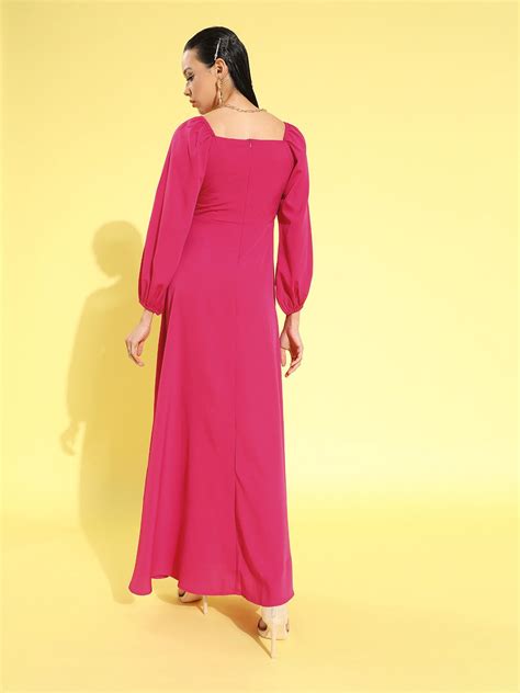 Berrylush Women Solid Dark Pink Square Neck Puff Sleeves Crepe Flared