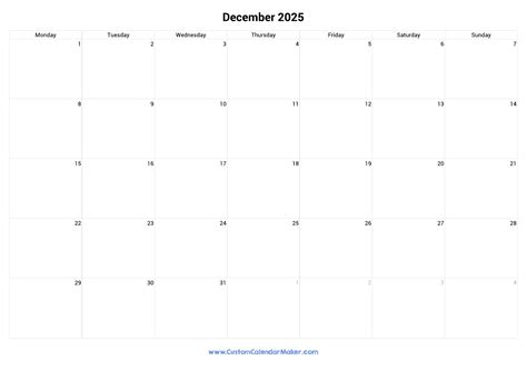 December 2025 Monday Start Calendar | Monday to Sunday | Custom ...