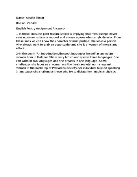 GE 242402 English Poetry Assignment: Analysis of Nissim Ezekiel's Work ...