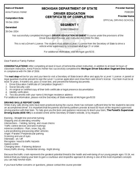 Michigan Driver Education Segment 1 Completion Certificate & Skills ...