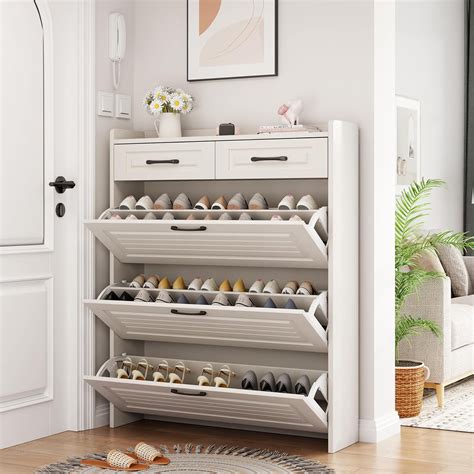 Miniyam Shoe Cabinet, Flip Down Freestanding Shoe Rack with Drawers ...